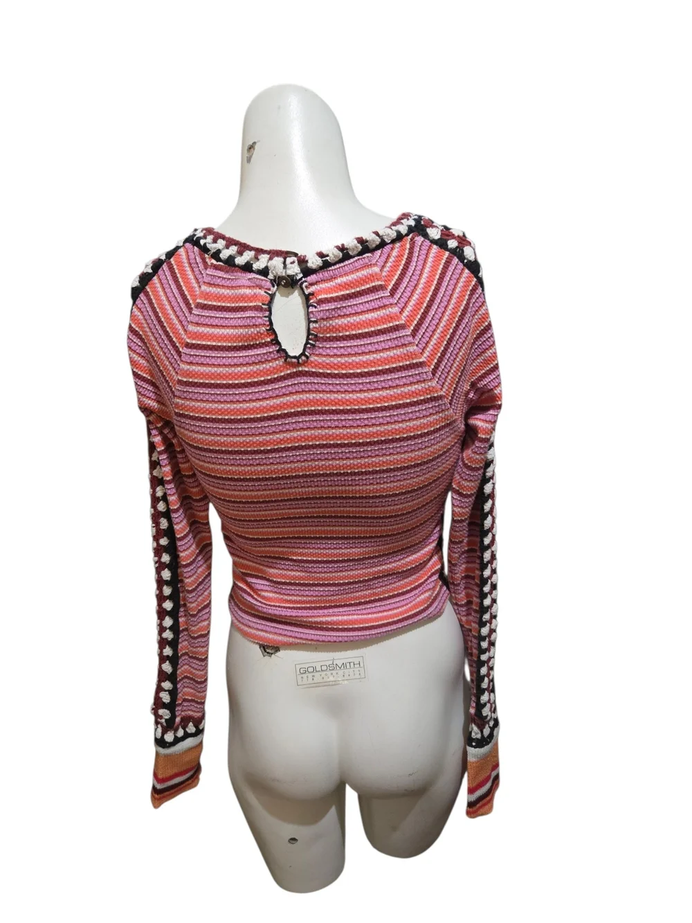 Free People XS Striped Crochet Trim Sweater Top Pink Orange Boho Long Sleeve